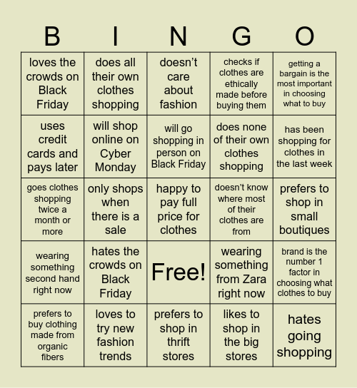 Shopping Bingo Card