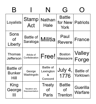 American Revolution Bingo Card