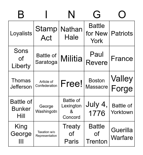 American Revolution Bingo Card