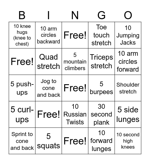 Fitness BINGO Card
