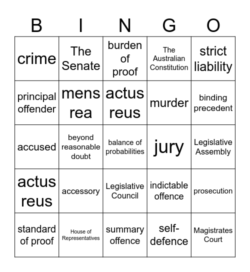 Year 10 Law Legal Lingo Bingo Card