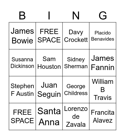 Texas Revolution Bingo Card