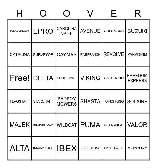 HOOVER Bingo Card