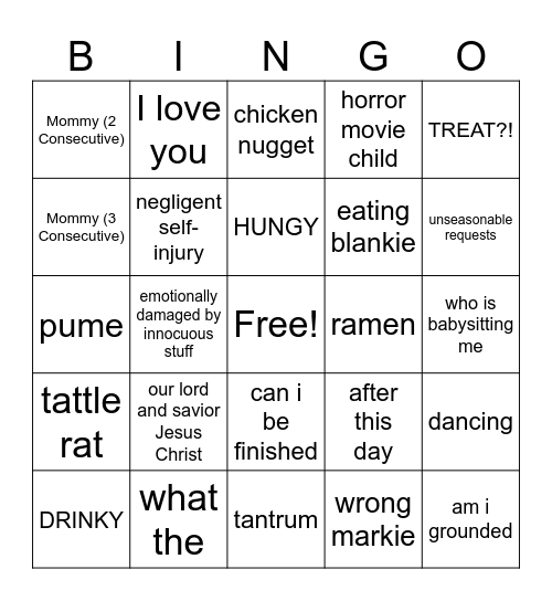 Quality Time With Chloe Bingo Card