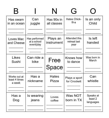 STUDENT LEADERSHIP HUMAN BINGO Card