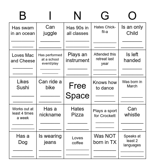 STUDENT LEADERSHIP HUMAN BINGO Card