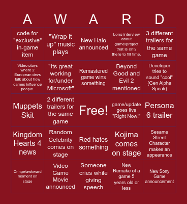 Game Awards Bingo Card