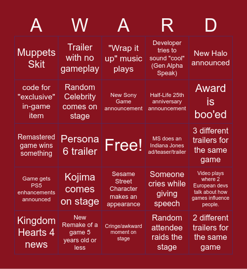 Game Awards Bingo Card