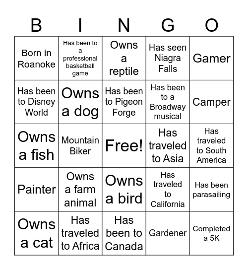 Get to know you Pets, Adventures, and Hobbies Bingo Card