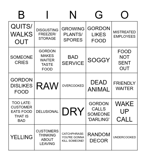 Kitchen Nightmares Bingo Card