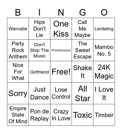 Party Music Bingo Card