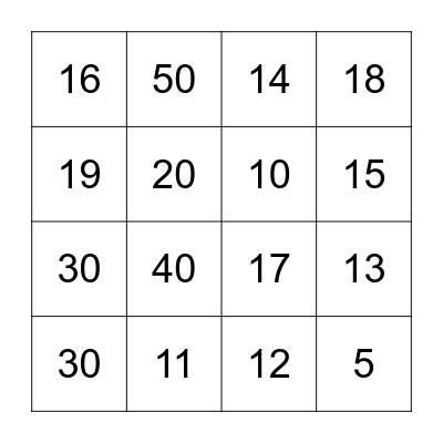 Number Bingo Card