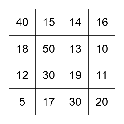 Number Bingo Card