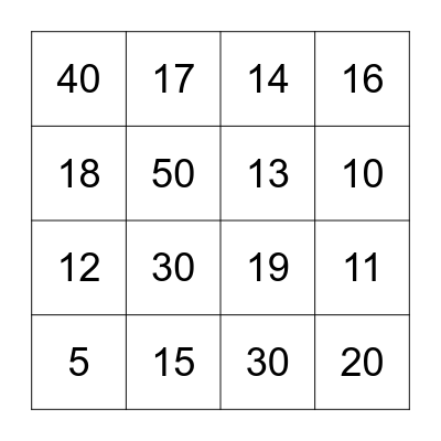 Number Bingo Card