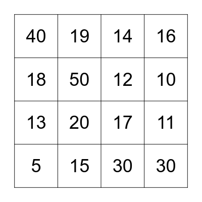 Number Bingo Card