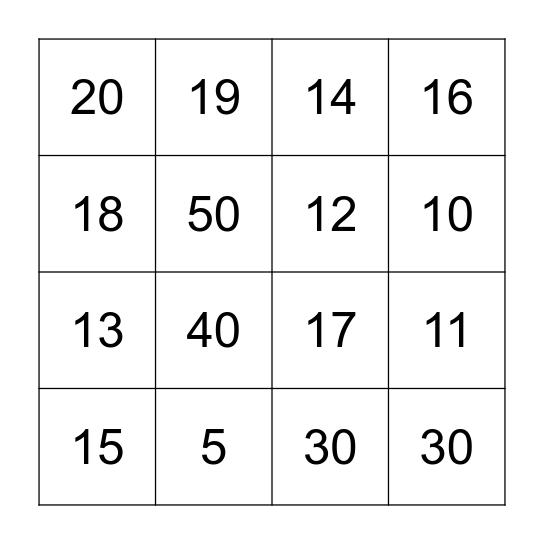 Number Bingo Card