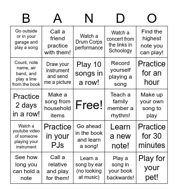 Thanksgiving Beginning Band Bingo Card