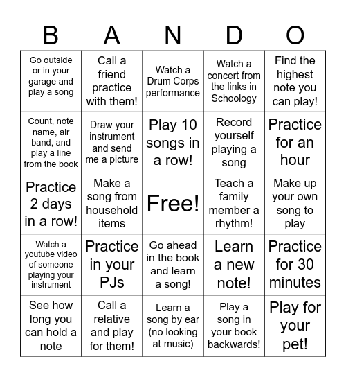 Thanksgiving Beginning Band Bingo Card