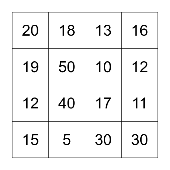 Number Bingo Card