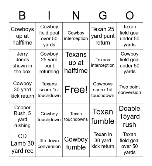 Texans vs Cowboys Bingo Card