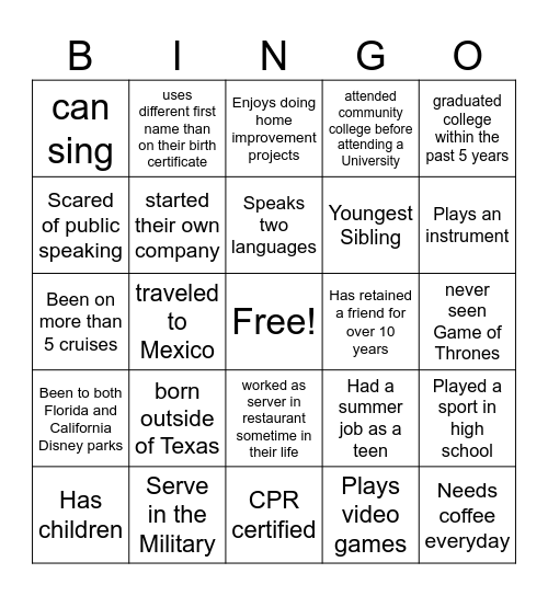 Networking Bingo Card