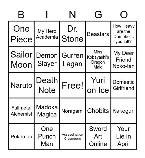 Anime OP Bingo Card