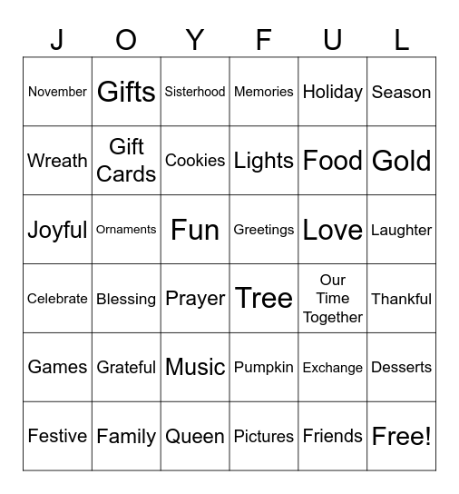 A Sister's Thanksmas Bingo Card