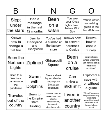 Bucket List Bingo Card