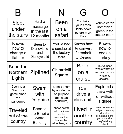 Bucket List Bingo Card