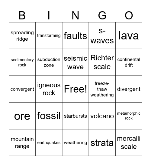 Junior High Earth Science Bingo Card