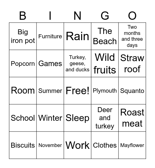 The Pilgrims' First Thanksgiving BINGO!! Bingo Card