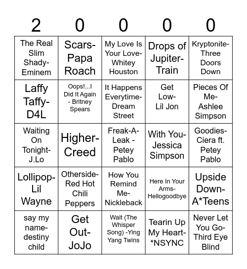 2000s Music Bingo Card