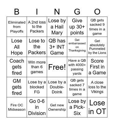 Bad News Bears Season Bingo Card