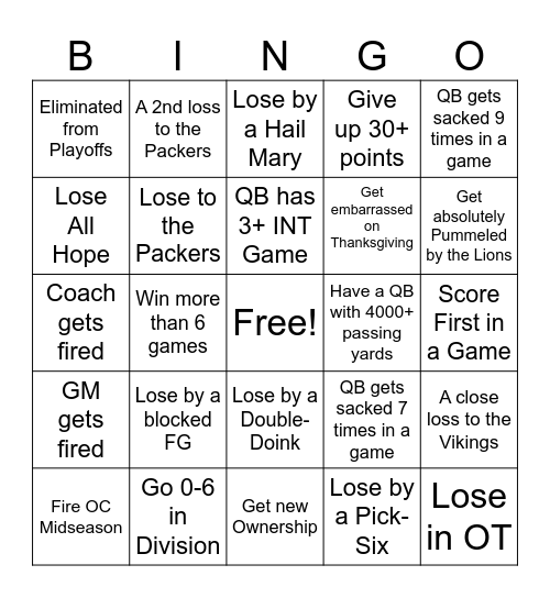 Bad News Bears Season Bingo Card