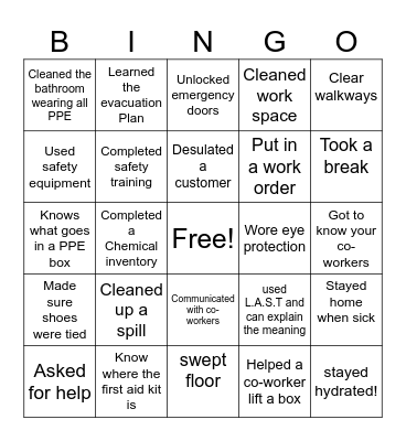 Workplace Safety Bingo Card