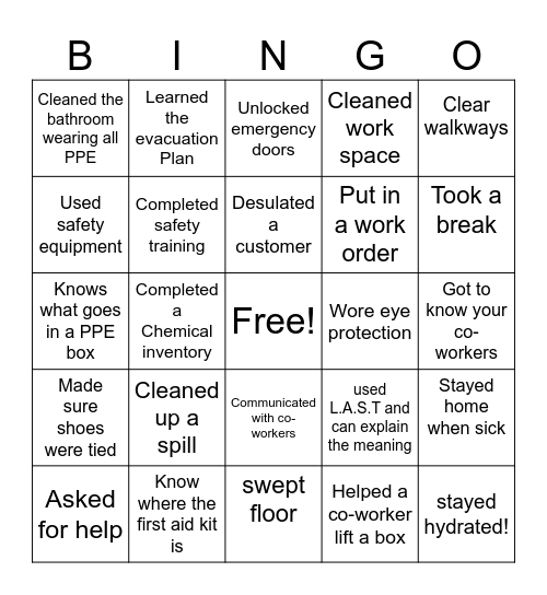 Workplace Safety Bingo Card