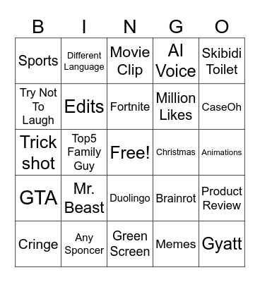 YT Shorts Bingo Card