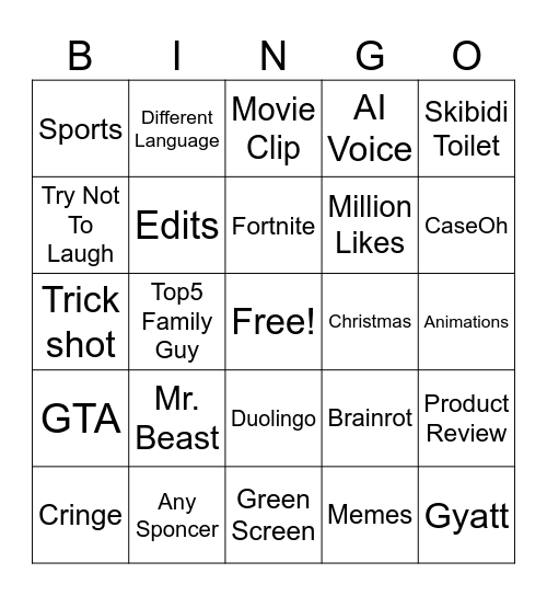 YT Shorts Bingo Card