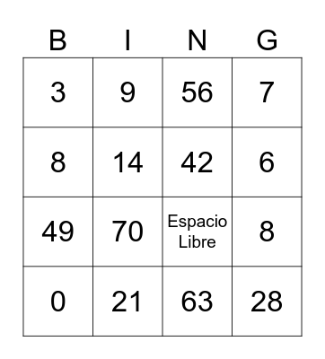 Multiplicacion y division del #7 Bingo Card