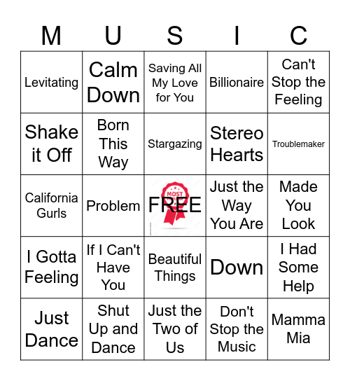 Popular Music Bingo Card