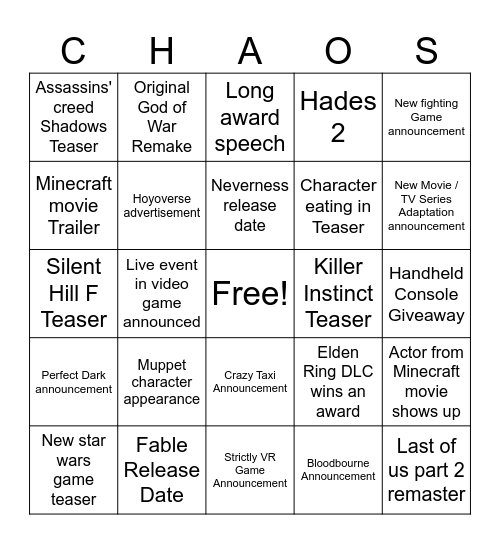 The Game Awards 2024 Bingo Card