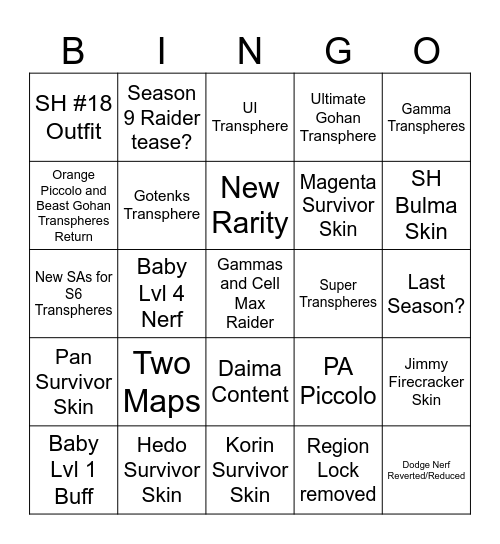 DB Breakers Season 8 Bingo Card