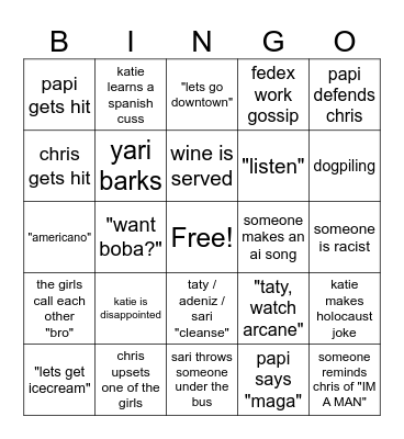 family dinner bingo Card