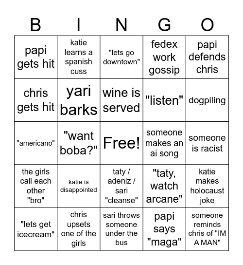 family dinner bingo Card