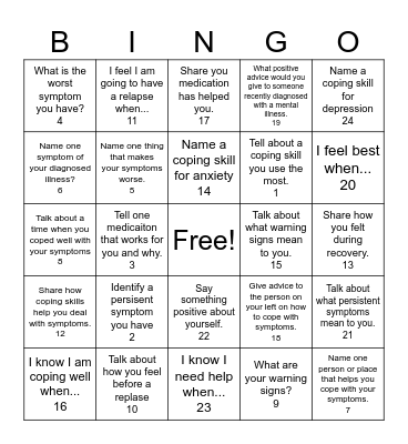 Symptom Management Bingo Card