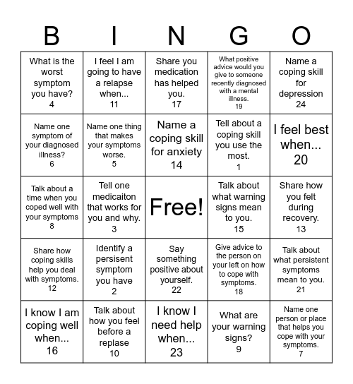 Symptom Management Bingo Card