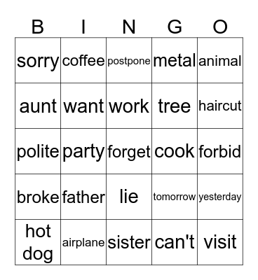 ASL101 & 102 Vocabulary Fall2016 Bingo Card