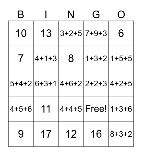 Adding 3 single digit numbers Bingo Card