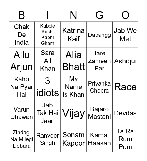 Bollywood Bingo Card