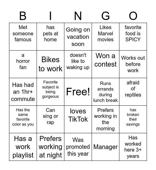 Team Bonding Bingo Card